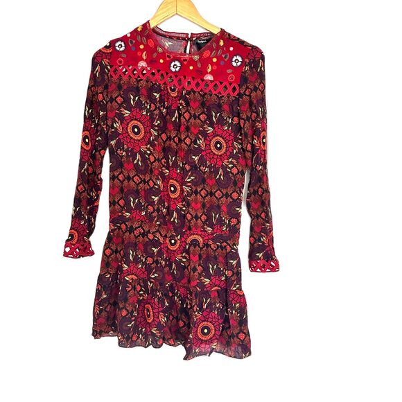 Desigual Red Rosi Long Sleeve Print Dress, Size 4 - Picture 2 of 7